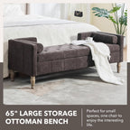 NIOIIKIT 65" Corduroy Upholstered Storage Ottoman Bench with Pillows Coffee | Large Entryway Bench with Wood Leg, End of Bed Bench with Straight Armrest, Window Bench for Bedroom, Living Room