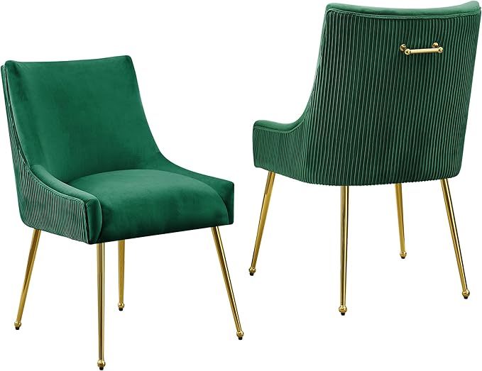Velvet Dining Chairs Set of 2 Gold Legs,Upholstered Velvet Accent Chairs, Pleated Back Design & Gold Pull Handle, Mid Century Modern Chairs for Dining/Kitchen/Living Room,Green