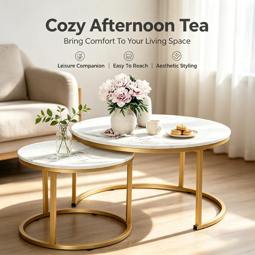 Round Nesting Coffee Table Set of 2, Marble Top Metal Frame | Space-Saving De...