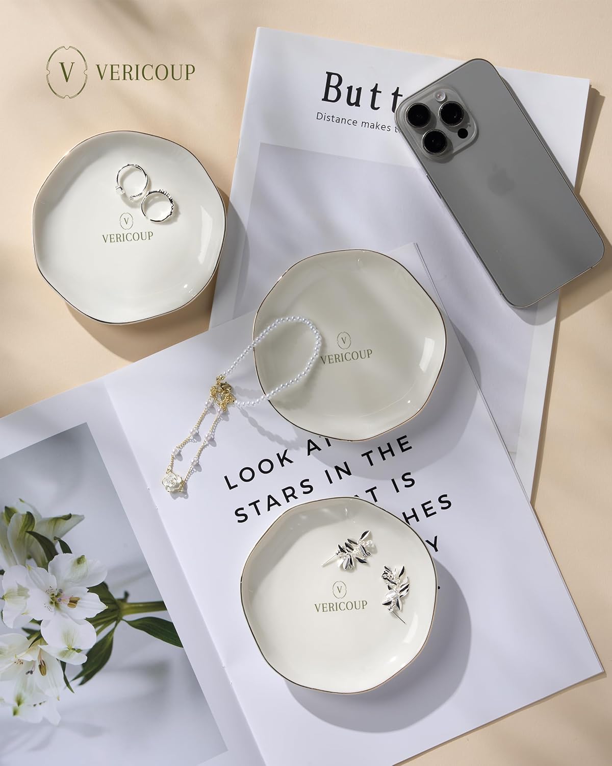 Ceramic Jewelry Dish | Cream White Ring & Earring Tray, 4.5 Inch Round Home Decor Gift for Bride, Engagement, Women