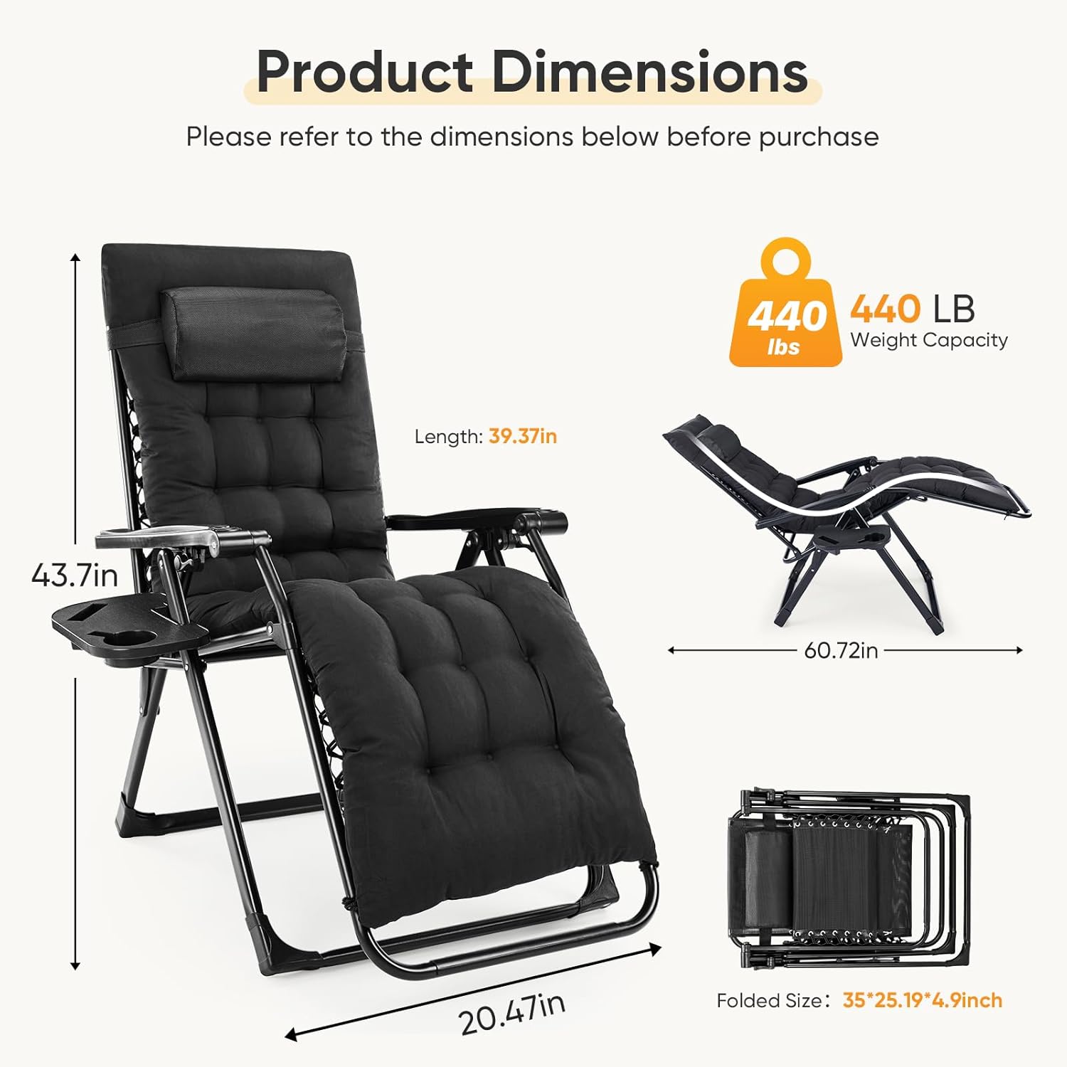 NEWBULIG Zero Gravity Chair, Folding Patio Recliner with Removable Cushion & Cup Holder Trays, Portable Lounge Chair for Beach & Camping, Classic Black