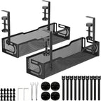 2Pack Under Desk Cable Management Tray, No Drill Mesh Desk Cable Tray, Wire Management Tray Cable Management Rack, Wire Organizer and Cable Management Box (Black)
