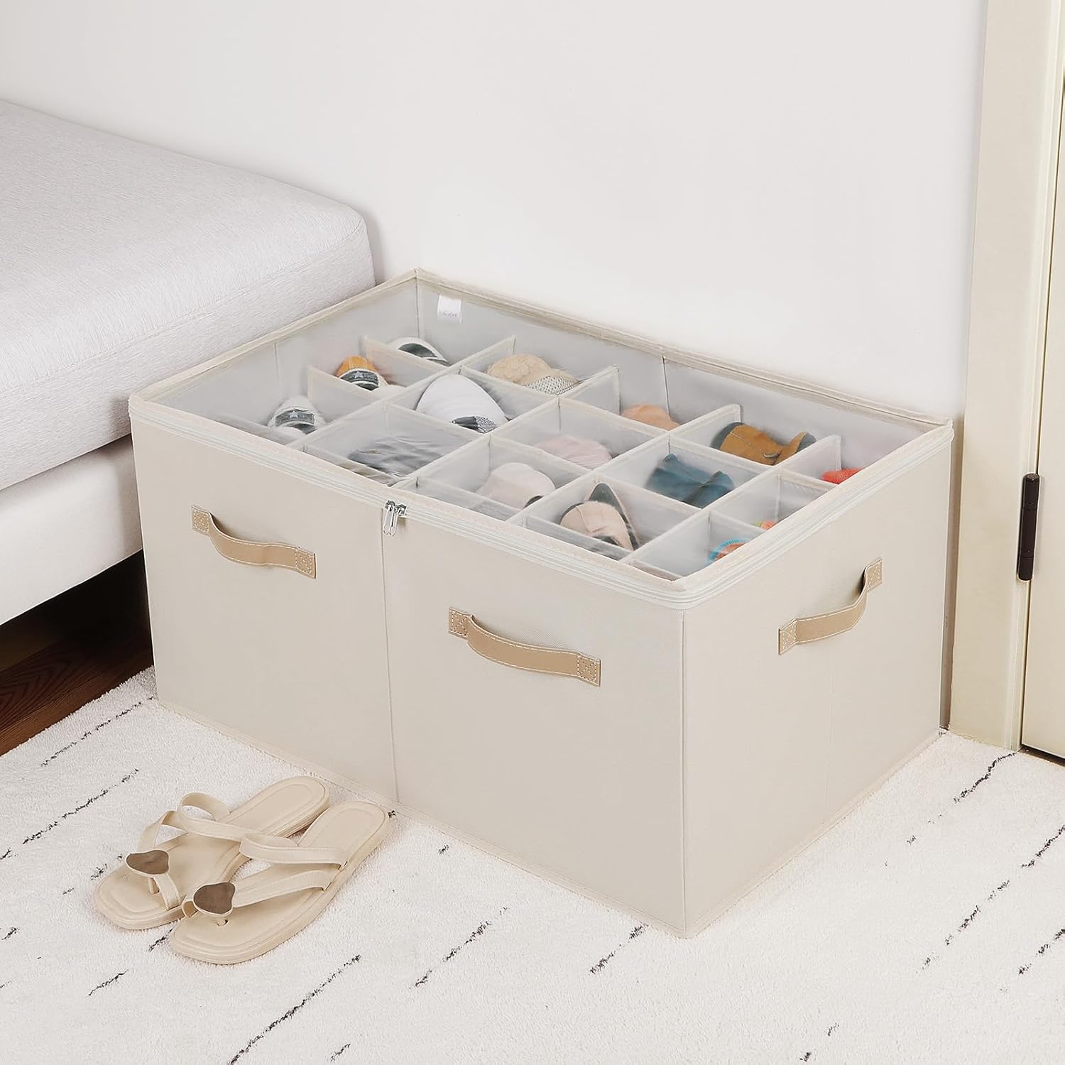Shoe Organizer for Closet, Foldable Shoe Box with Adjustable Dividers and Clear Cover, Space Saving Shoe Storage Organizer Cabinet with Reinforced Handles, Fits 20 Pairs, Beige TP10Y