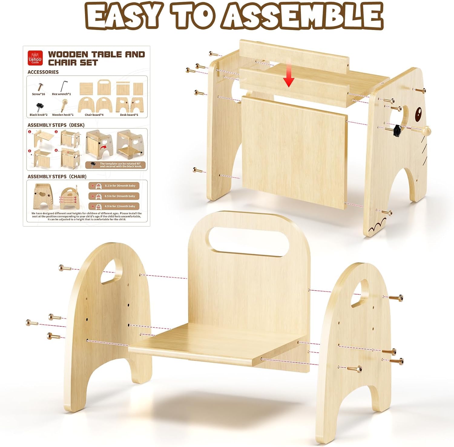Lehoo Castle Montessori Weaning Table and Chair Set for Toddler Age 1-3, Adjustable Height Wooden Baby Activity Furniture for Self-Feeding, Drawing, Learning and Play