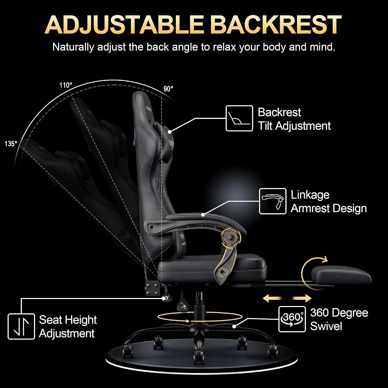 Ergonomic Gaming Chair with Retractable Footrest, High Back Video Game Chairs Computer Gaming Chairs with Headrest and Lumbar Support 400 lbs Linked Armrests Adult Chair (Black)