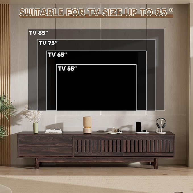 Mid Century Modern TV Stand for 85 Inch TVs, 78.7" Entertainment Center with Storage & Power Outlet, Media Console w/Drawers and Sliding Door, Television Stands for Living Room, Walnut