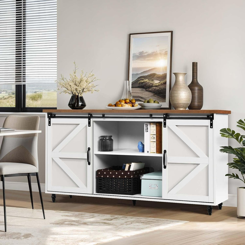 4ever2buy Farmhouse Coffee Bar Cabinet with Sliding Barn Door, 58", White