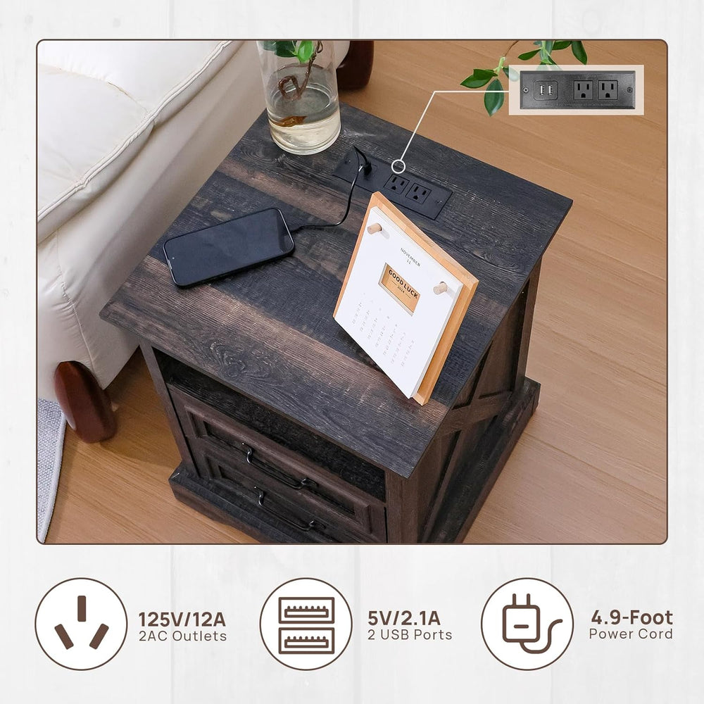 ALBAD Farmhouse Nightstand with Charging Station Rustic Bedside Table with 2 ...