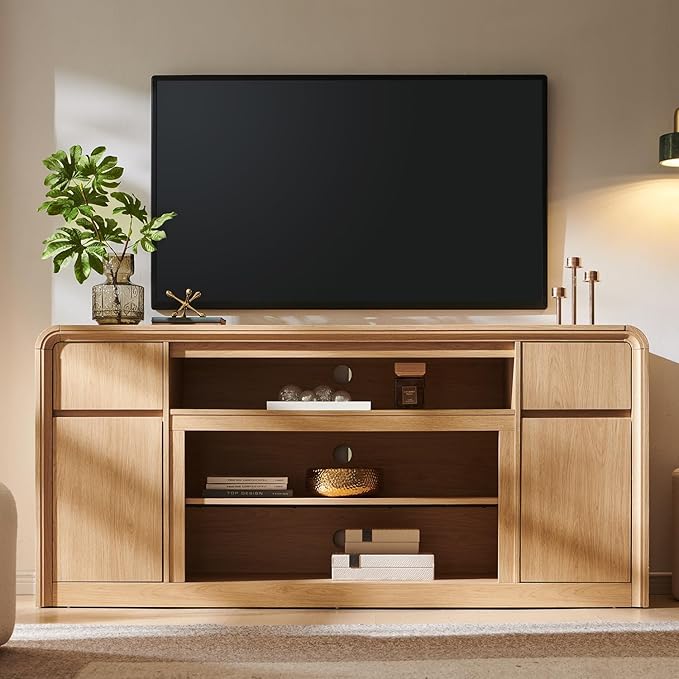 Modern TV Stand for 80 Inch TVs, 32"Tall Entertainment Center w/Storage Cabinet& drawers, Media Console Cabinet w/Soundbar &Adjustable Shelves for Living Room, Curved Profile Design, 70 inch (Natural)