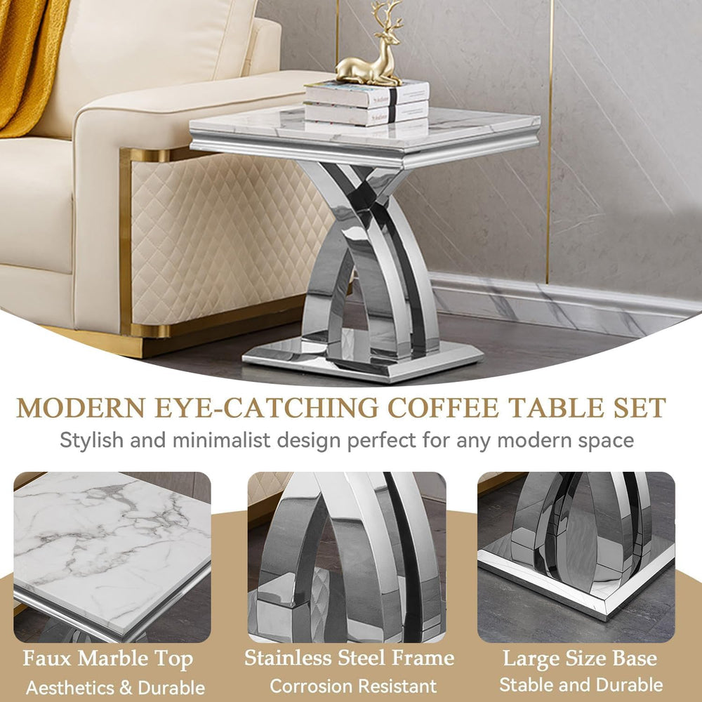 Marble End Table Modern Square Silver Living Room Table Sofa Side Table with ...