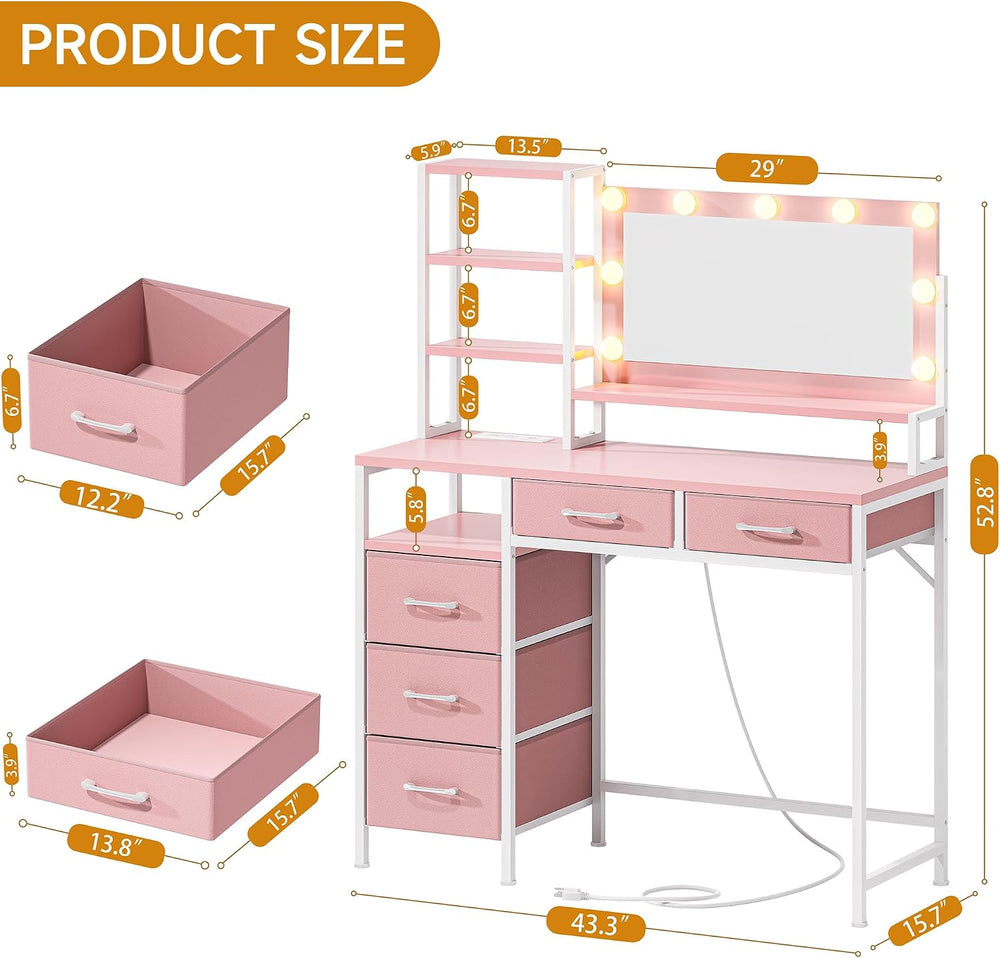 Vanity Desk with Mirror, 9 Lights, 3 Color Modes with Adjustable Brightness, ...