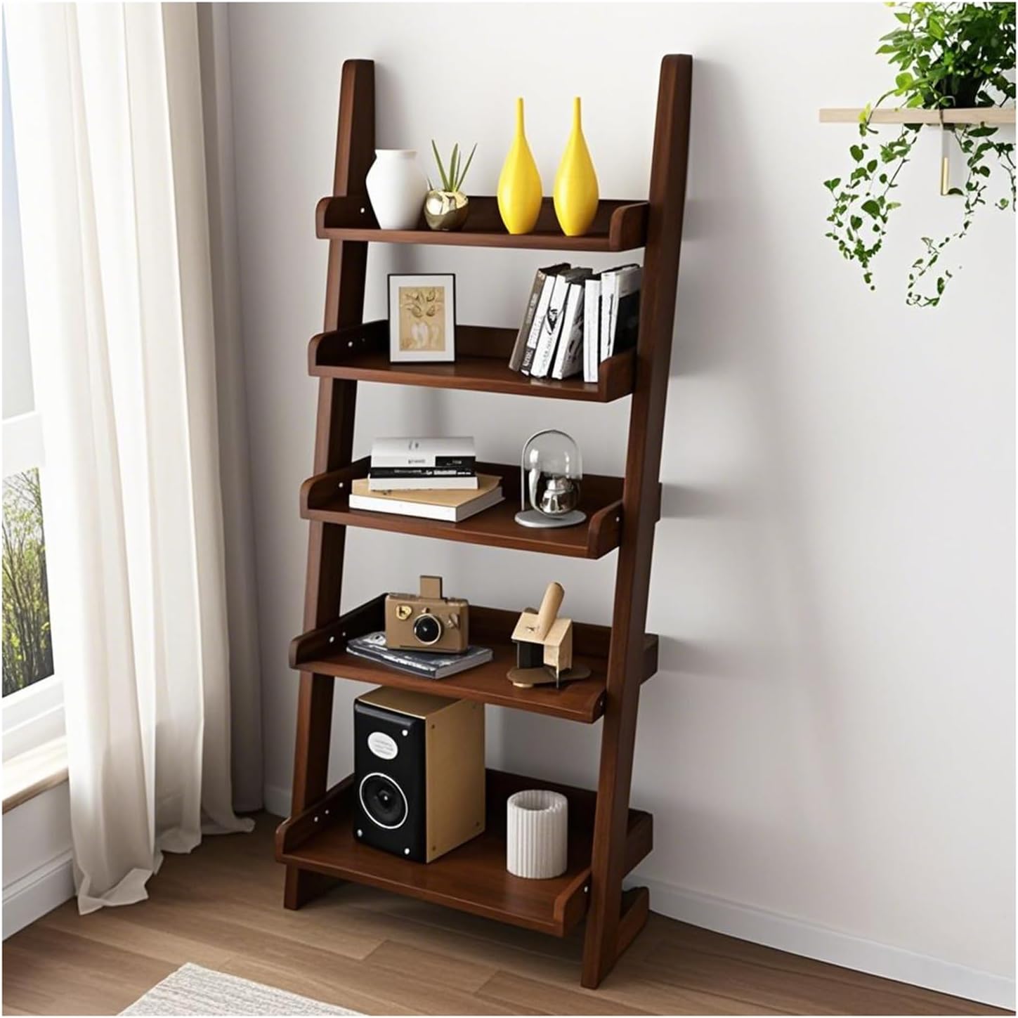 5-Tier Ladder Shelf Bookcase, Walnut Wooden Leaning Bookshelf | H 55.1" Ladder Bookshelf Space-Saving, Freestanding Storage Rack, Plant Ladder indoor for Living Room, Home Office, Bedroom