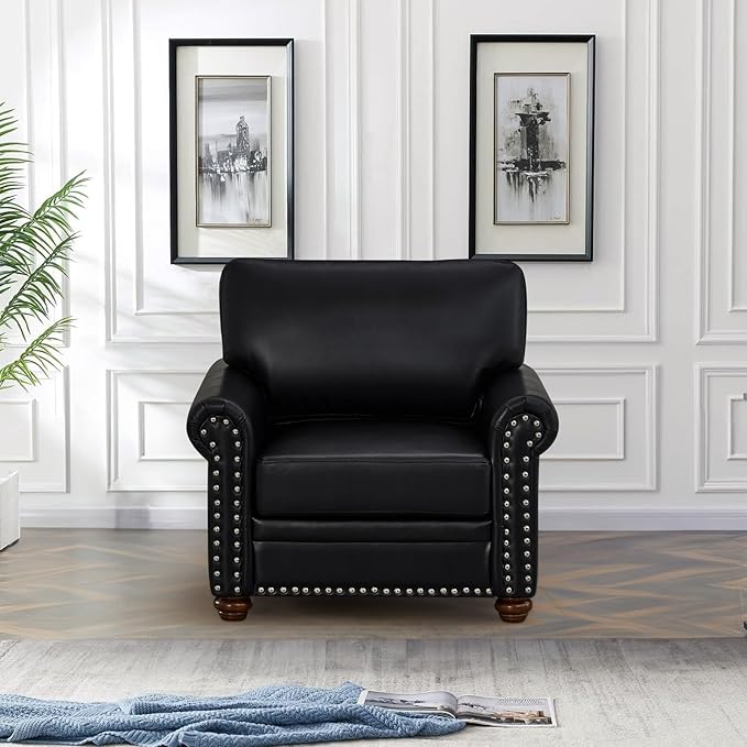 Faux Leather Accent Chair,35" W Upholstered Mid Century Modern Armchair with Rivet Rolled Arm,Deep Seat Comfy Single Sofa Chair for Living Room,Bedroom,Apartment,Office(Black)