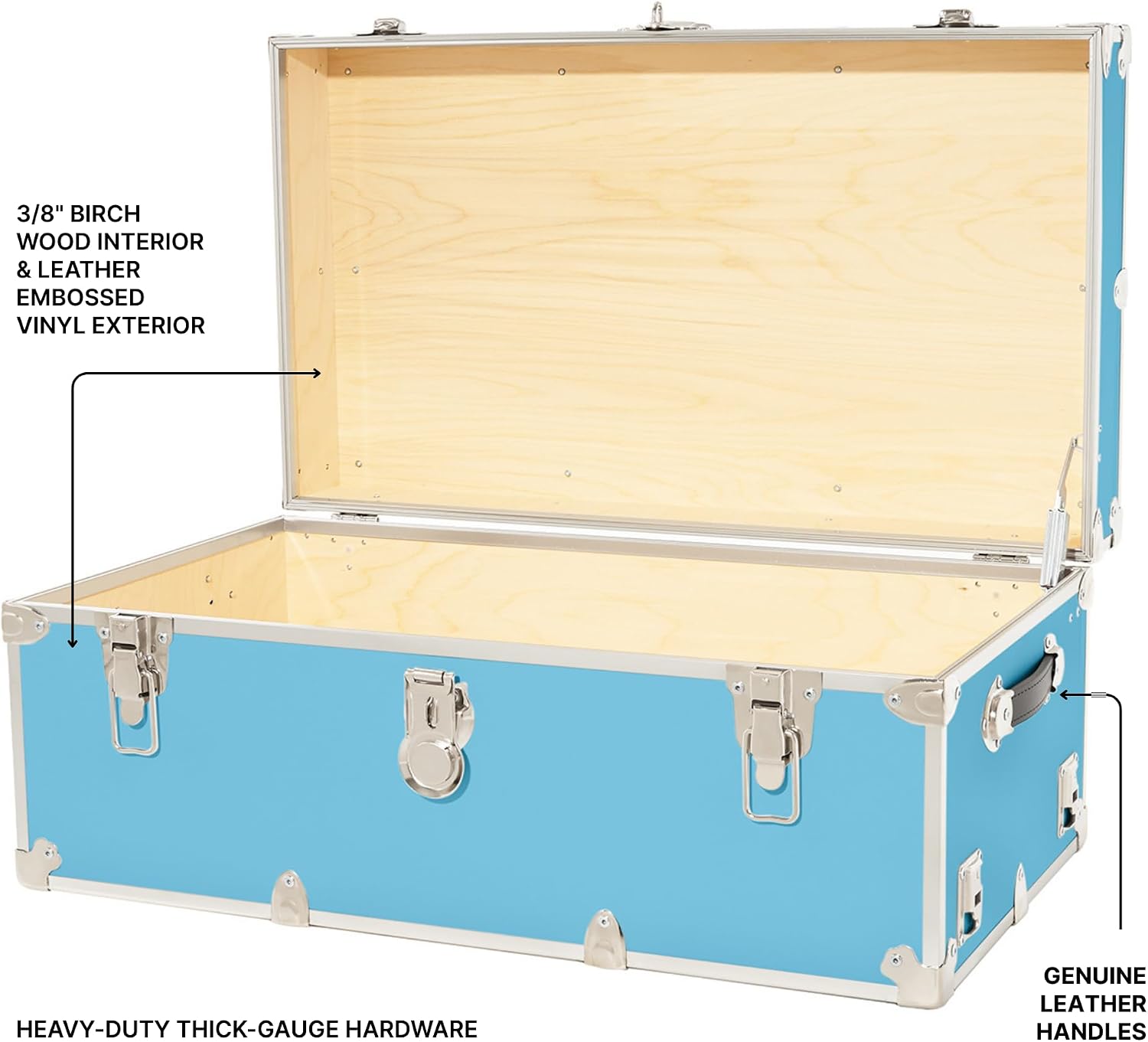 Rhino Classic XL Trunk with Wheels for Camp and Dorm, Footlocker, Chest | 34"L x 20"W x 15"H, 1500+ lb Capacity, Baltic Birch Plywood, Nickel Plated Steel, Durable, Removable, College Dorm