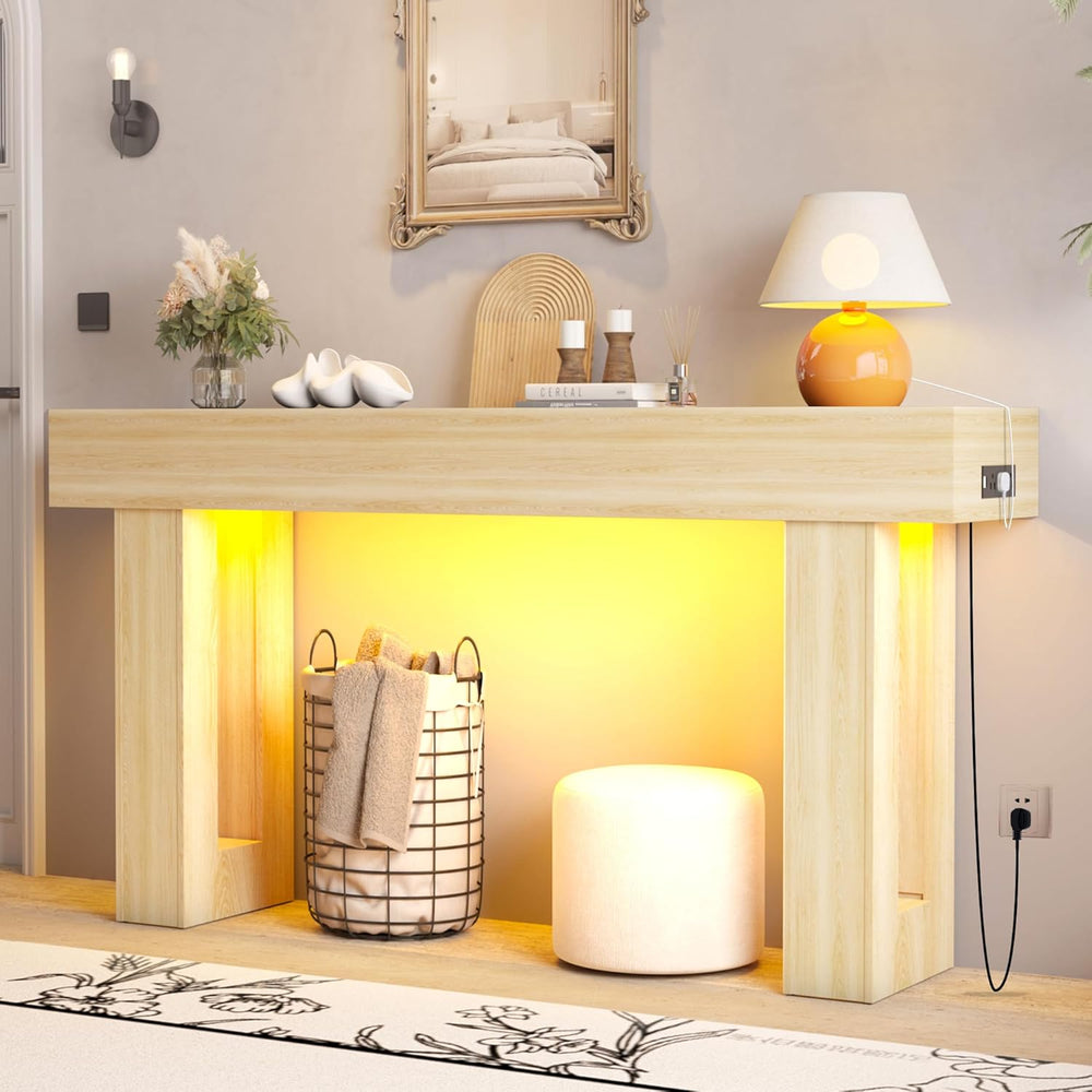 Depeht 63" Long Console Table with Power Outlet, LED Lights and Storage ...