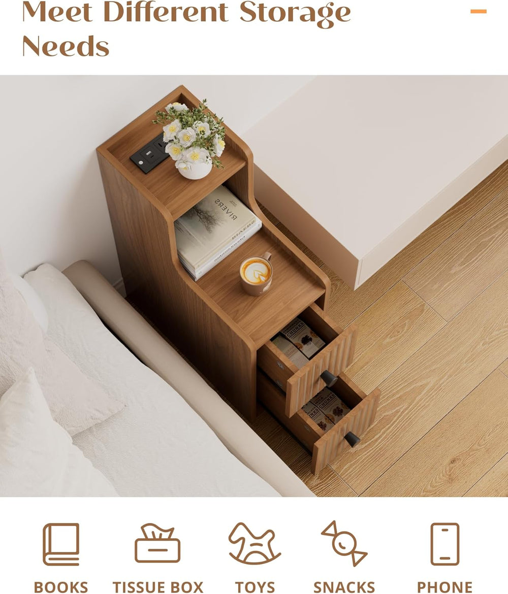 Set of 2 Narrow Side Table with Charging Station, Wooden Slim End Table with ...