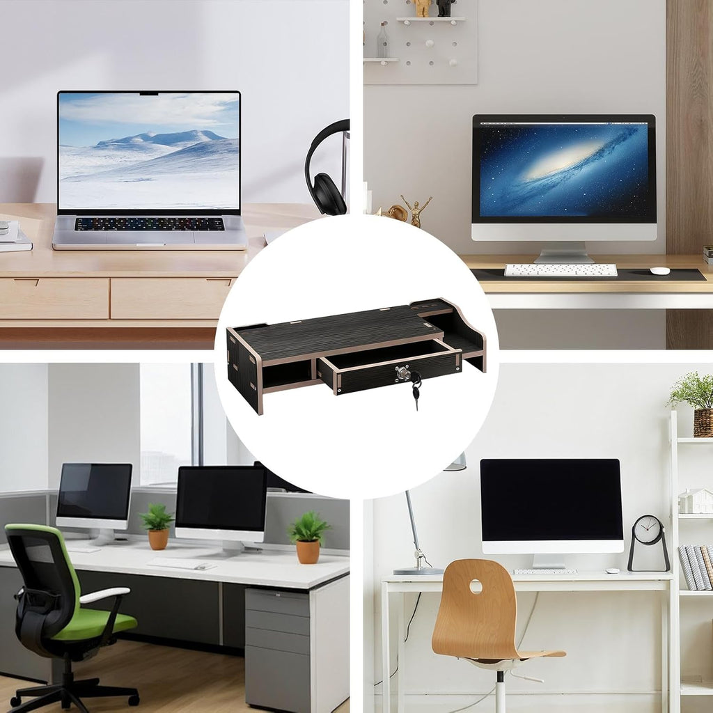 Desktop Computer Elevated Stand 48.8x20x10.5cm, Wooden Monitor Riser with Drawer, Organizer Shelf for Laptop, Printer, PC, TV Screen, Home, Dorm, Office