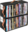 2 Pack DVD Storage Box, Stackable Oxford Fabric DVD Cases Holder with Front Zippered Clear Window and Handles, 15.7 x 7.9 x 6.1 In, Foldable DVD Organizer Rack, Holds Up to 50 DVDs (25 Each)