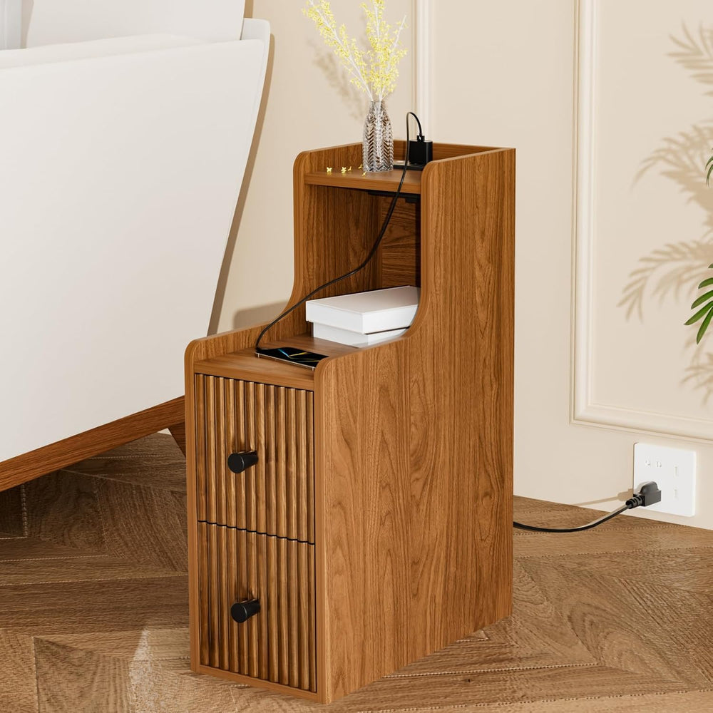 Narrow Side Table with Charging Station, Slim Nightstands with Storage Drawer...