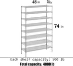 18" Deep x 48" Wide x 74" Height Wire Shelving Kit | 8-Tier | NSF Commercial Storage Rack Unit
