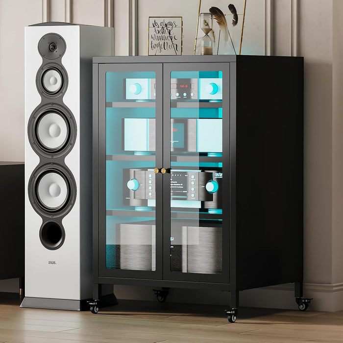 Metal Media Cabinet with 13-Color LED Lights & Swivel Wheels, 4-Tier Stereo Cabinet with Glass Doors, Adjustable Shelves AV Rack with Cable Management, Black