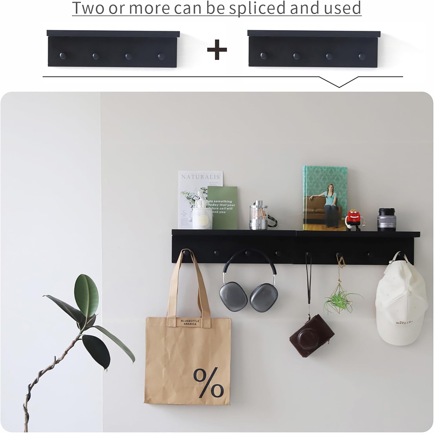 Entrance Coat Rack ，Coat Hooks, Wall-Mounted Wooden Hook Rack, Wall-Mounted Shelves are Very Suitable (Black Finish-1)