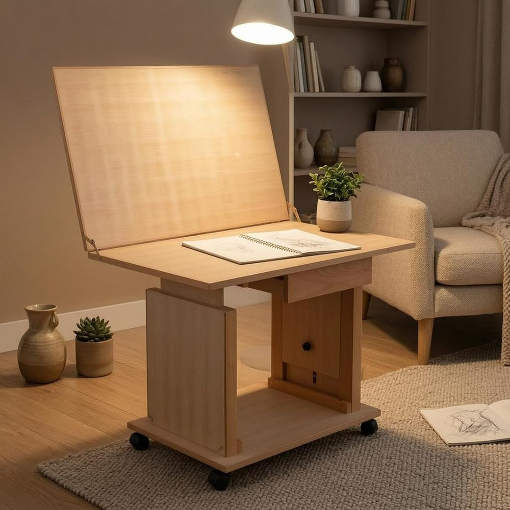 Adjustable Tilting Drafting Table Liftable Cabinet Base Beech Wood Structure ...