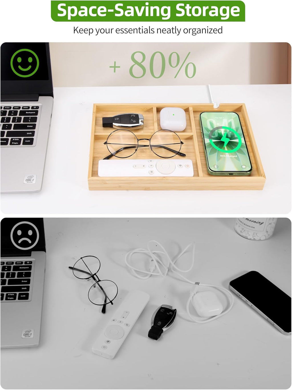Bamboo Valet Tray with Dual Wireless Charger - EDC Nightstand Organizer for Men - Desk Tray & Catchall for Phone, Watch, Keys - Aesthetic Desk Accessories & Father’s Day Gift for Men (Natural)