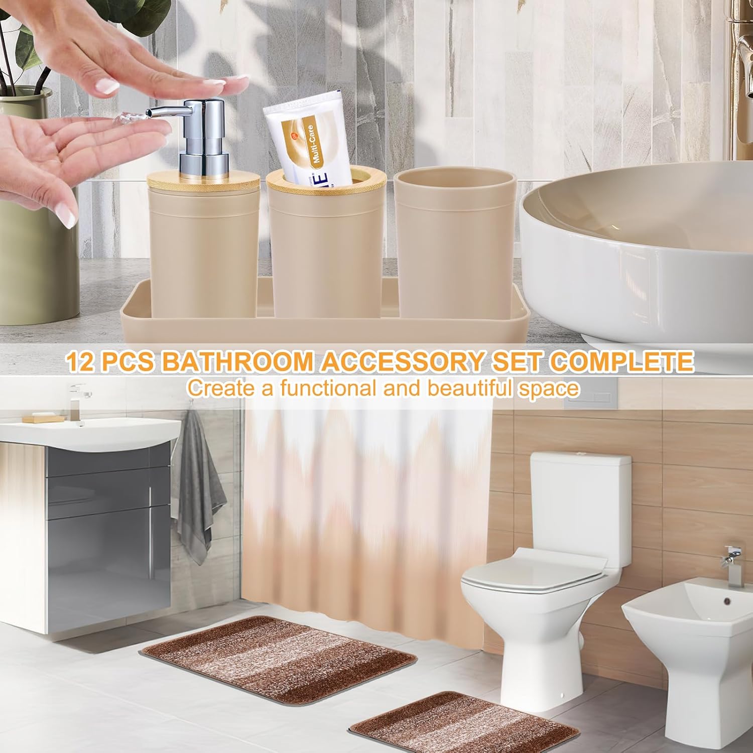 iMucci Bathroom Accessories Beige Bathroom Sets with Shower Curtain and Rug, Beige Ombre Waterproof Shower Curtain with Ultra Absorbent Rug Bathroom Accessories Set for Home Decor