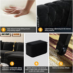 KEIKI 3-in-1 Velvet Chesterfield Sofa Bed with Ottoman, Convertible King Size Sleeper Couch, Rolled Arm Design, Comfortable 3-Seater for Living Room or Bedroom, Black
