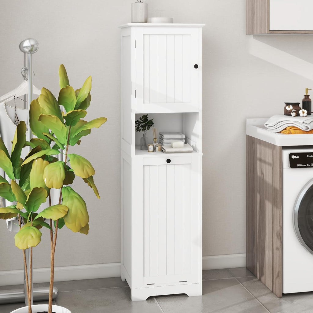 Tilt Out Laundry Hamper Cabinet, 55" Tall Bathroom Storage Cabinet Laundry Cabinet with Shelves and Clothes Basket, Hamper Cabinet Shelf for Laundry Room Bathroom Organizer, White