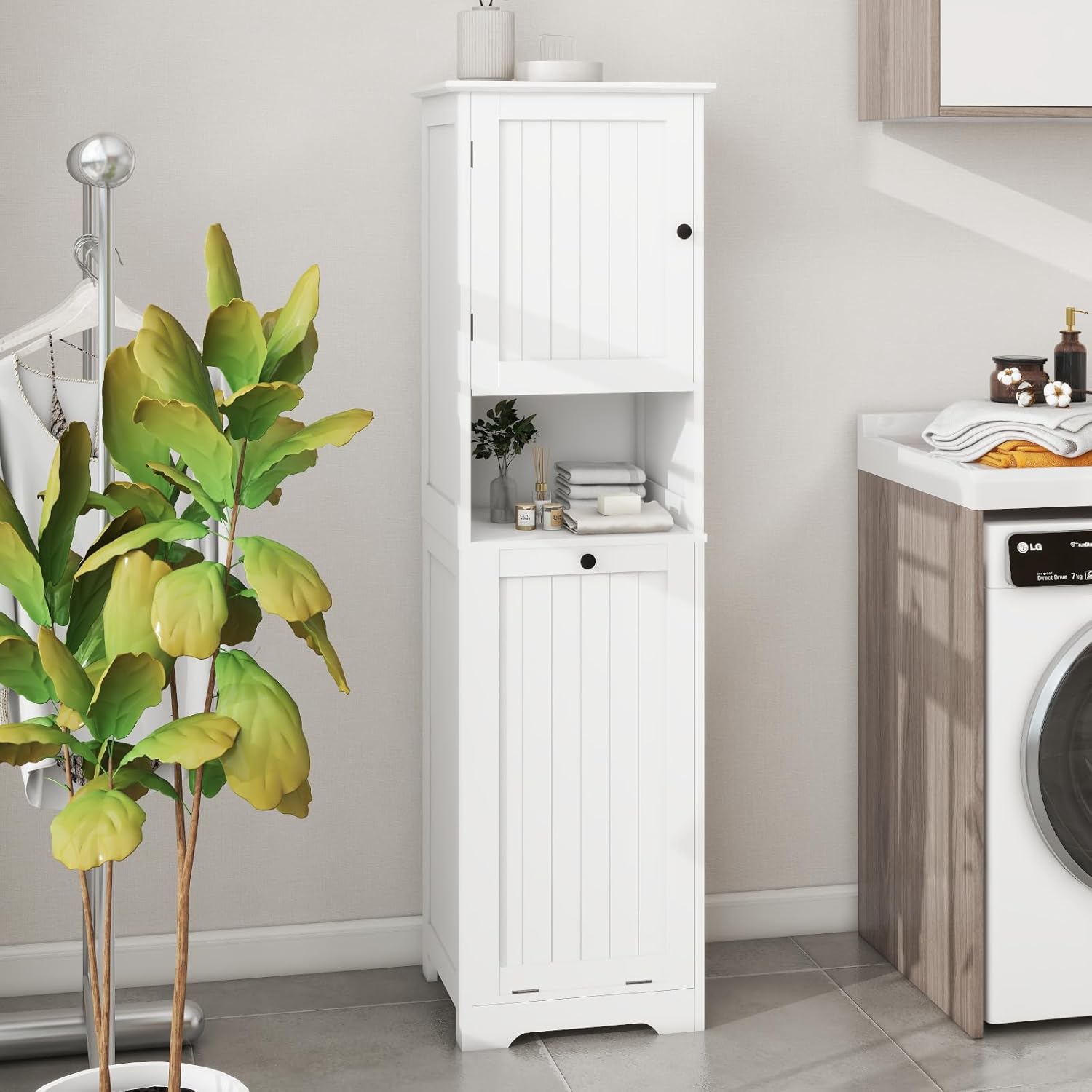 Tilt Out Laundry Hamper Cabinet, 55" Tall Bathroom Storage Cabinet Laundry Cabinet with Shelves and Clothes Basket, Hamper Cabinet Shelf for Laundry Room Bathroom Organizer, White
