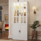 MEISSALIVVE Kitchen Pantry Storage Cabinet with LED Lights, 78.7" Tall with Glass Doors & Drawers, Freestanding Utility Cabinet, White (31.5" W x 15.7" D)