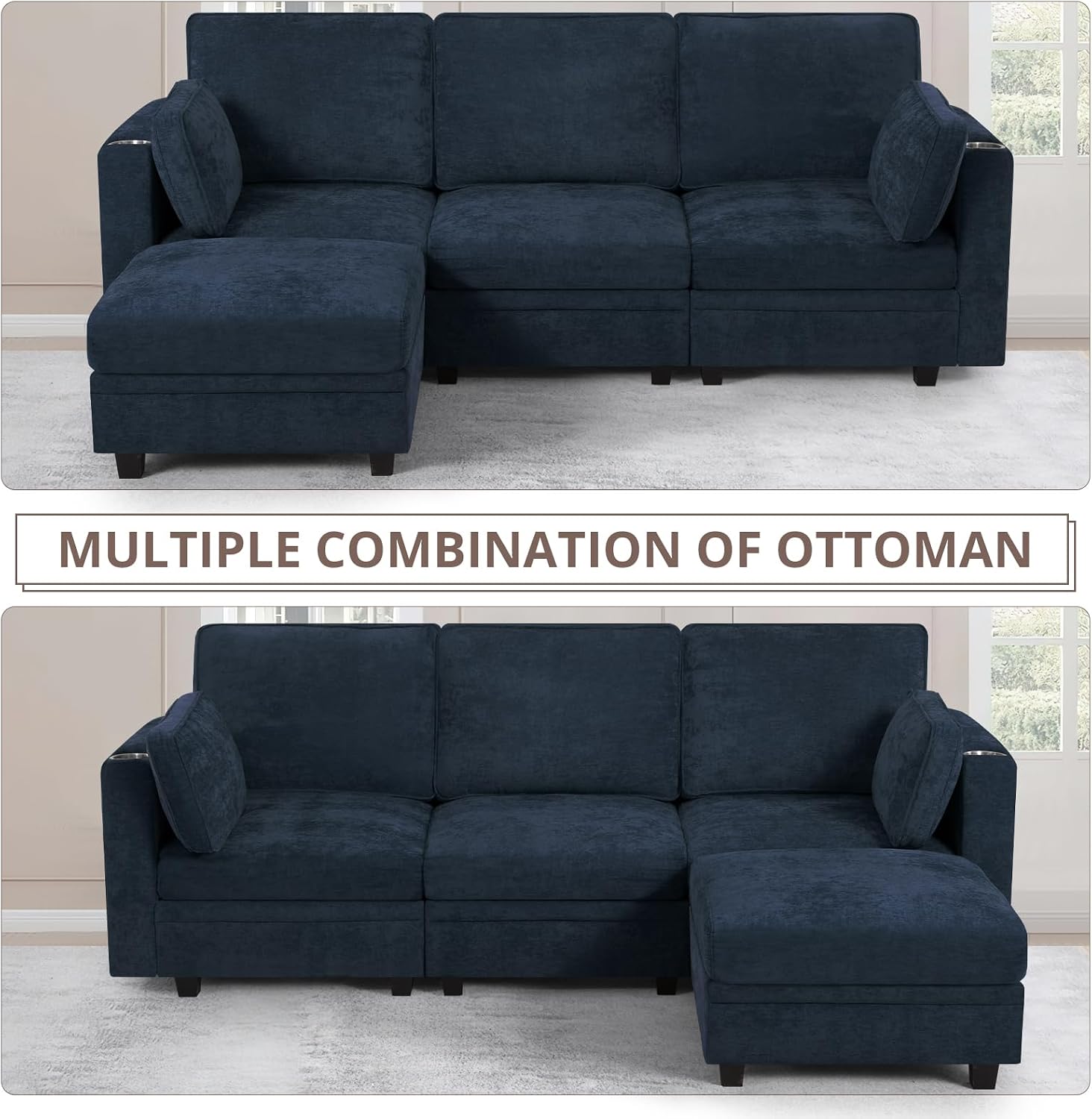 86" Chenille L-Shape Sofa w/& Adjustable Backrests, Blue | Upholstery 3-Seats Sofa w/Movable Storage Ottomans & Cup Holders, Modern Sectional Couch w/Charging Ports for Living Room
