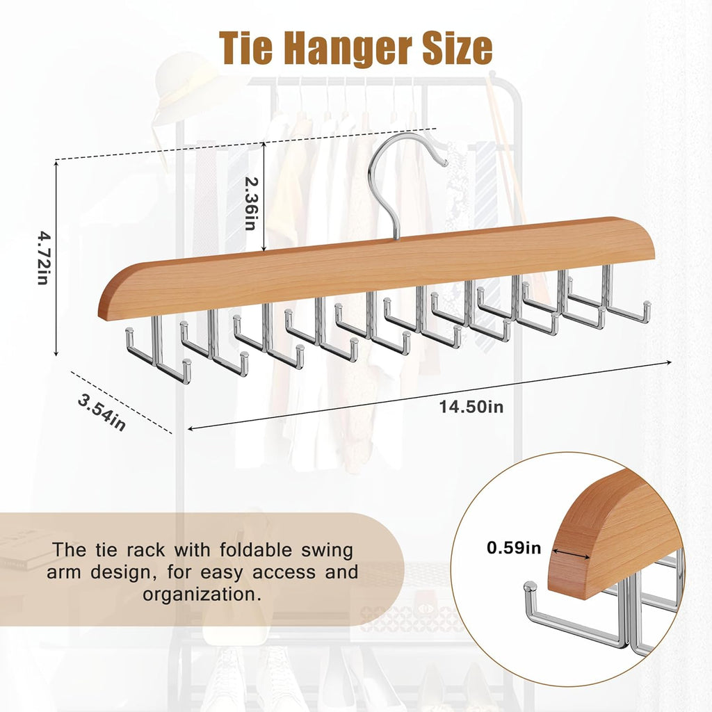 Tie Rack Hanger for Closet, 2 in 1 Belt Tie Hangers with 20 Folding Hooks, 360 Degree Rotating Wooden Tie Holder Organizer for Men Ties Belts Scarves Tank Tops Accessories, Wood (1 Pack)