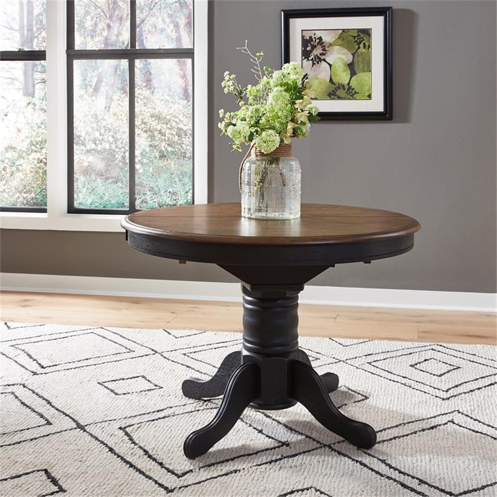 Bowery Hill Farmhouse Wood Crossing Pedestal Dining Table Set, Black Base wit...