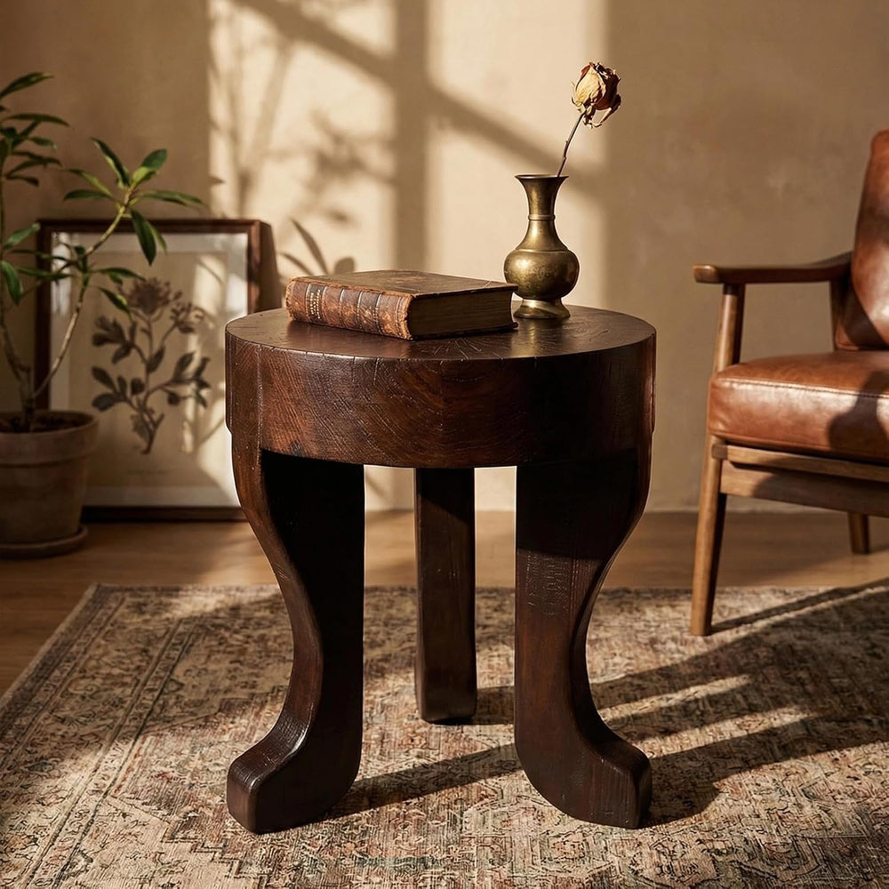 Rustic Round Wooden End Table, 13.5" H Dark Brown Solid Wood Accent Side...