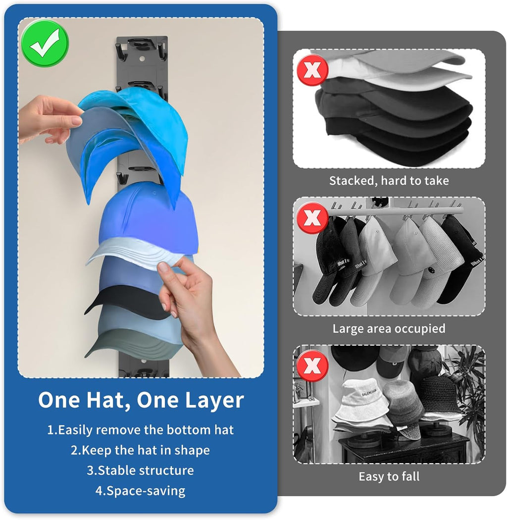 Hat Organizer for Baseball Caps,Hat Rack for Wall to Organize Collections& Reduce Clutter,Strong Adhesive Mount Holds 18 Hats,No Drilling,Closet Door and Bedroom,Gift for Hat Lovers(2PCSBlack)