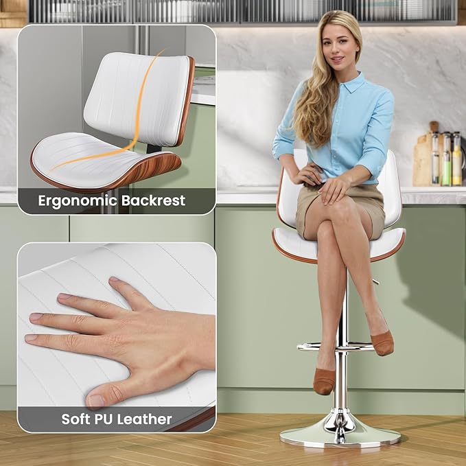 Swivel Bar Stools Set of 3, Adjustable Bentwood Barstools for Kitchen Counter, Modern PU Leather Upholstered Bar Chair with Back and Footrest, for Kitchen Island, Bar, Dining Room, White