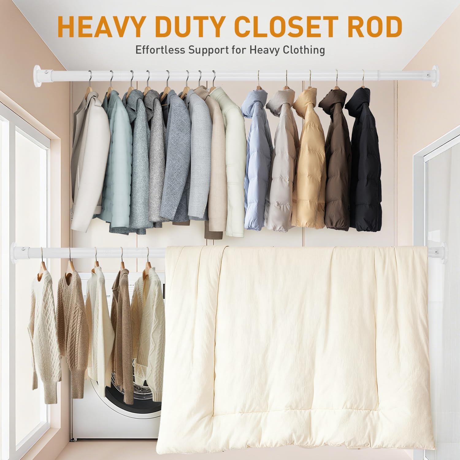 White Adjustable Closet Rod 18-63 Inches, Heavy Duty Metal Clothes Hanging Rod, Rust-Proof Non-Slip Wardrobe Bar for Closet, Laundry Room, RV