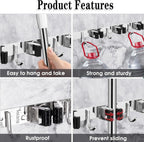 2 Pack Mop and Broom Holder Wall Mount, 5 Racks and 4 Hooks Broom Organizer Storage Tool Racks Stainless Steel Heavy Duty Hooks Self Adhesive Solid Non-slip for Home Kitchen Garden Laundry Garage