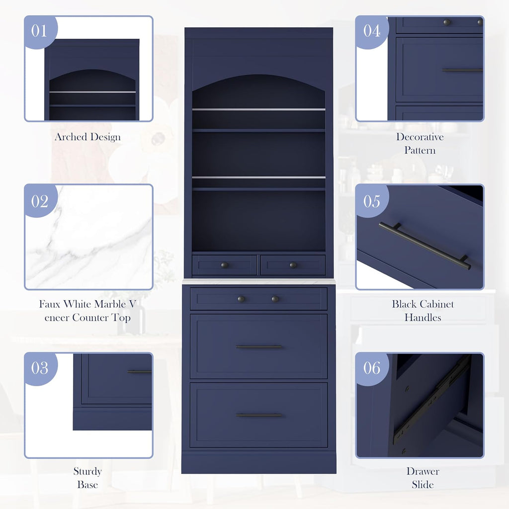 Merax 83.7” Tall Kitchen Pantry Cabinet, Storage Cabinets with 5 Drawers and Adjustable Shelves, Freestanding Kitchen Hutch with Faux Marble Top, Bathroom Storage Cabinet, Blue