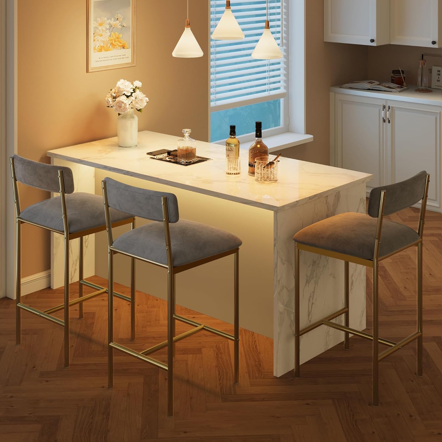 IDEALHOUSE Elegant Bar Stools Set of 2 - with Backrest and Footrest | Gold & Velvet Grey Upholstery, 65cm Counter Height, Metal Frame - Perfect for Kitchen Island & Counter - Two Pack Bar Chairs