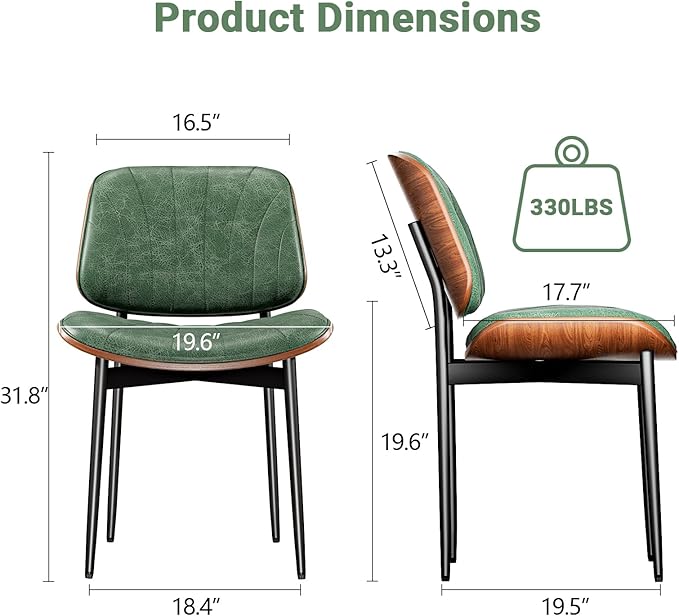 Dining Chairs Set of 4, Dining Room and Kitchen Chairs, Mid Century Modern Accent Chair, Upholstered PU Leather Chairs for Vanity with Walnut Bentwood and Metal Legs, Green