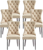 Kiztir Leather Dining Chairs Set of 6, Upholstered Dining Room Chair with Nailhead Trim and Solid Wood Legs, Luxury Wingback Dining Side Chair for Living Room, Bedroom, Kitchen (Beige)
