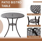 Bronze Patio Bistro Set - 3 Piece Outdoor Cast Aluminum Furniture, Large Table & Chairs, Weather Resistant, Adjustable Foot Pads, Umbrella Hole