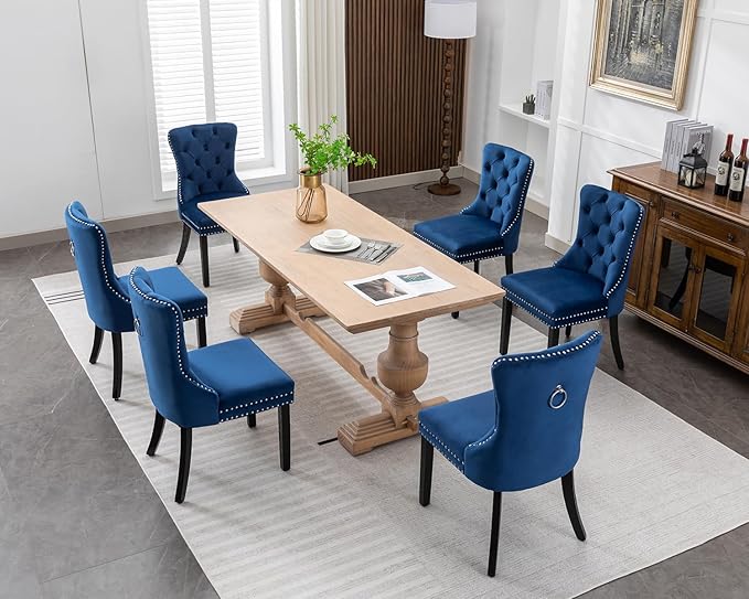 KCC Velvet Dining Chairs Set of 4, Upholstered High-end Tufted Dining Room Chair with Nailhead Back Ring Pull Trim Solid Wood Legs, Nikki Collection Modern Style for Kitchen, Blue