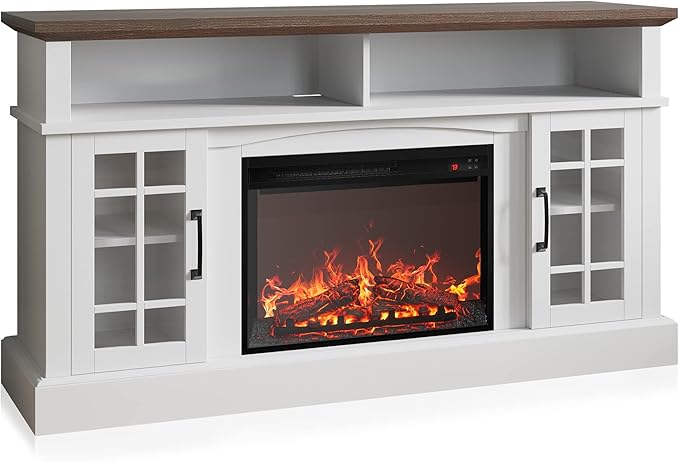 BELLEZE Traditional 58" Rustic TV Stand with 23" Electric Fireplace Heater with Sound, Media Entertainment Center Console Table for TV up to 65" with Open Storage Shelves and Cabinets - White