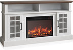 BELLEZE Traditional 58" Rustic TV Stand with 23" Electric Fireplace Heater with Sound, Media Entertainment Center Console Table for TV up to 65" with Open Storage Shelves and Cabinets - White
