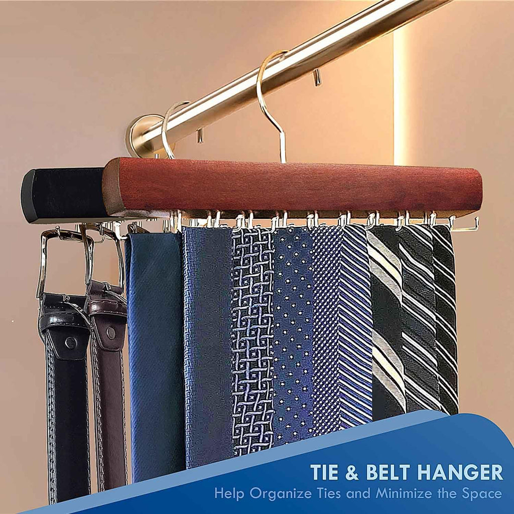 Tie Rack Hanger for Closet, Wooden Tie Hangers for Men with 18 Folding Hooks, Space Saving Tie Holder Neck Tie Organizer for Men Ties, Belts, Bras, Scarves, Tank Tops (Mahogany)